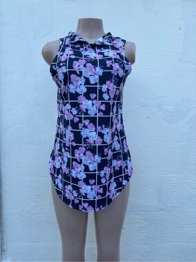 Peter Millar Navy Sleeveless Hooded Tank with Pink & Light Blue Floral Grid
